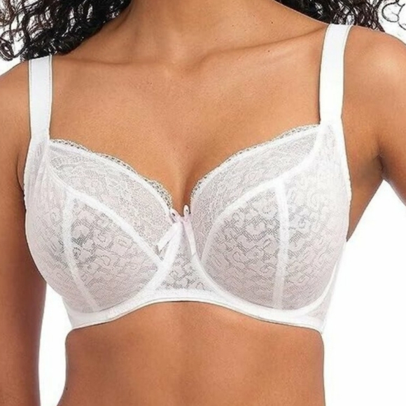 Freya Other - Freya Fancies Balcony Bra White Lace Pink White Polka Dot Bow Accent SZ 34O